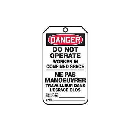 Accuform French Bilingual Safety Tags, DANGER DO NOT OPERATE WORKER IN CONFINED SPACE, 5.75in x 3.25in, 25PK TCF144PTP